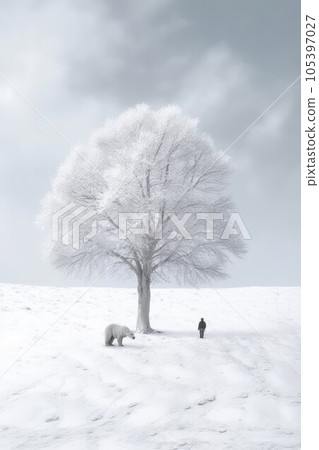 Illustration beautiful landscape of big tree and snow winter Created with Generative AI technology. Illustration beautiful landscape of big tree and snow winter Created with Generative AI technology. 105397027