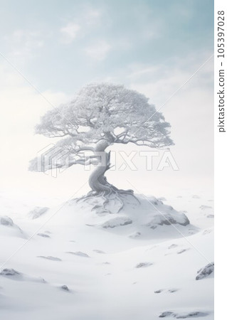 Illustration beautiful landscape of big tree and snow winter Created with Generative AI technology. 105397028