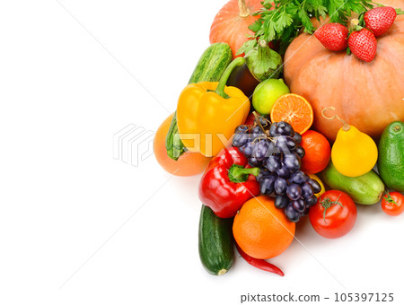 Fruits and vegetables isolated on white . Free space for text. 105397125