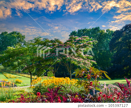 Amazing garden with flowerbeds and lawns. 105397127