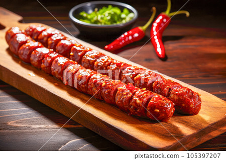Sliced chorizo sausage on a wooden board on a dark background. Generative AI Sliced chorizo sausage on a wooden board on a dark background. Generative AI 105397207