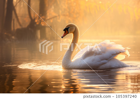 Beautiful white swan swimming on a lake at... - Stock Illustration ...