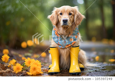 Cute Golden Retriever puppy in rain boots sitting in a puddle with yellow flowers. Generative AI 105397249