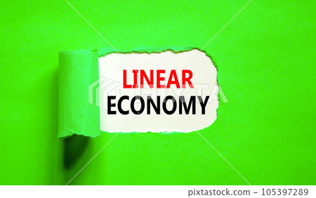 Linear economy symbol. Concept words Linear economy on beautiful white paper. Beautiful green background. Business linear economy concept. Copy space. Linear economy symbol. Concept words Linear economy on beautiful white paper. Beautiful green background. Business linear economy concept. Copy space. 105397289