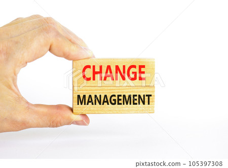Change management symbol. Concept words Change management on beautiful wooden block. Beautiful white table white background. Businessman hand. Business change management concept. Copy space. Change management symbol. Concept words Change management on beautiful wooden block. Beautiful white table white background. Businessman hand. Business change management concept. Copy space. 105397308
