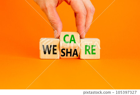 We share and care symbol. Concept word we share we care on wooden block. Businessman hand. Beautiful orange table orange background. Business we share and care sharing is caring concept. Copy space. We share and care symbol. Concept word we share we care on wooden block. Businessman hand. Beautiful orange table orange background. Business we share and care sharing is caring concept. Copy space. 105397327