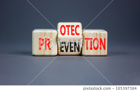 Protection and prevention symbol. Concept word Protection Prevention on wooden cubes. Beautiful grey table grey background. Business protection prevention concept. Copy space. 105397384