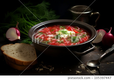 Red borscht with sour cream Red borscht with sour cream 105397447