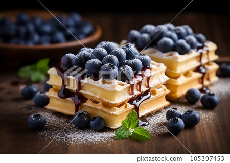 Belgian waffles with blueberries and sauce Belgian waffles with blueberries and sauce 105397453