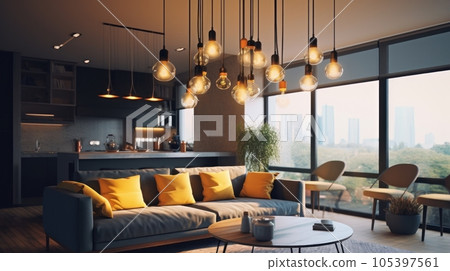 Several glass globe-shaped pendant lights above a sofa in a cozy living room. Elegant modern interior design with an emphasis on lighting. Mockup, 3D rendering. 105397561