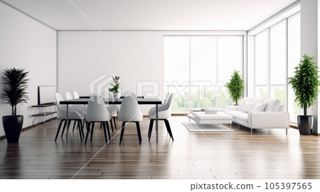 Interior of modern minimalist white living room with dining area. Comfortable sofa, coffee table, wooden dining table with chairs, house plants in pots, wooden floor. Mockup, 3D rendering. Interior of modern minimalist white living room with dining area. Comfortable sofa, coffee table, wooden dining table with chairs, house plants in pots, wooden floor. Mockup, 3D rendering. 105397565