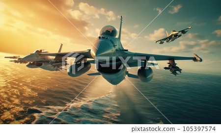 Three F-16 air force fighters flying over the ocean, beautiful cloudy blue sky over horizon. Jet military aircrafts patrol territory, make a training flight. Close up aerial view. 3D rendering. 105397574