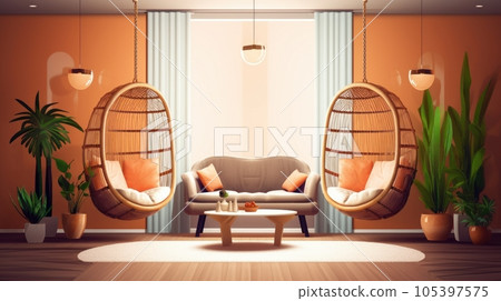 Cozy modern living room interior. Boho style hanging wicker egg chairs with cushions, stylish sofa with coffee table, green plants in pots add a bohemian chic to the bright room. Mockup, 3D rendering. Cozy modern living room interior. Boho style hanging wicker egg chairs with cushions, stylish sofa with coffee table, green plants in pots add a bohemian chic to the bright room. Mockup, 3D rendering. 105397575
