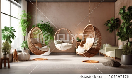 Cozy modern living room interior. Boho style hanging wicker egg chairs with cushions, stylish armchairs, green plants in pots add a bohemian chic to the bright spacious room. Mockup, 3D rendering. Cozy modern living room interior. Boho style hanging wicker egg chairs with cushions, stylish armchairs, green plants in pots add a bohemian chic to the bright spacious room. Mockup, 3D rendering. 105397576