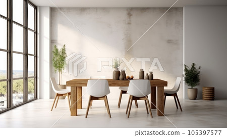 Minimalist composition of loft style dining room interior. Gray concrete walls and floor, wooden table, design chairs, pendant lamps, green plants and dried flowers. Mockup, 3D rendering. Minimalist composition of loft style dining room interior. Gray concrete walls and floor, wooden table, design chairs, pendant lamps, green plants and dried flowers. Mockup, 3D rendering. 105397577