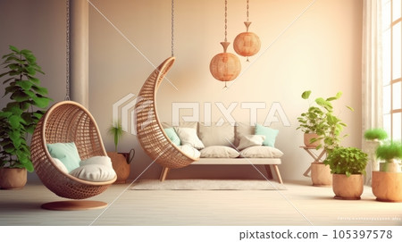 Cozy modern living room interior. Boho style hanging wicker egg chairs, beige textile sofa, green plants in pots, wicker pendant lights add a bohemian chic to the bright room. Mockup, 3D rendering. Cozy modern living room interior. Boho style hanging wicker egg chairs, beige textile sofa, green plants in pots, wicker pendant lights add a bohemian chic to the bright room. Mockup, 3D rendering. 105397578
