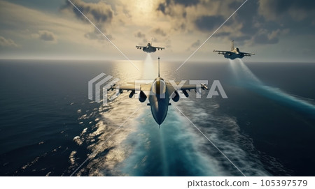 Three F-16 air force fighters flying over the ocean, beautiful cloudy blue sky over horizon. Jet military aircrafts patrol territory, make a training flight. Close up aerial view. 3D rendering. Three F-16 air force fighters flying over the ocean, beautiful cloudy blue sky over horizon. Jet military aircrafts patrol territory, make a training flight. Close up aerial view. 3D rendering. 105397579