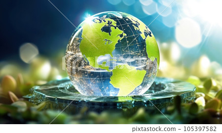 Transparent crystal sphere filled with sunlight on green grass. Glass globe with outlines of continents, symbolizing Earth. Protection of water resources concept. Environmental care. 3D rendering. 105397582