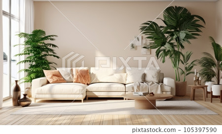 Cozy elegant minimalist living room interior in natural colors. Comfortable couch with cushions, houseplants, wooden coffee table, home decor, floor-to-ceiling window with garden view. 3D rendering. 105397590