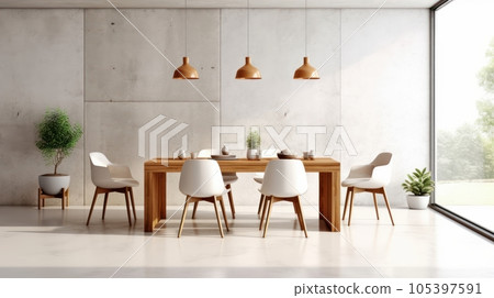 Minimalist composition of loft style dining room interior. Gray concrete walls and floor, wooden table, design chairs, pendant lamps, green plants and dried flowers. Mockup, 3D rendering. Minimalist composition of loft style dining room interior. Gray concrete walls and floor, wooden table, design chairs, pendant lamps, green plants and dried flowers. Mockup, 3D rendering. 105397591