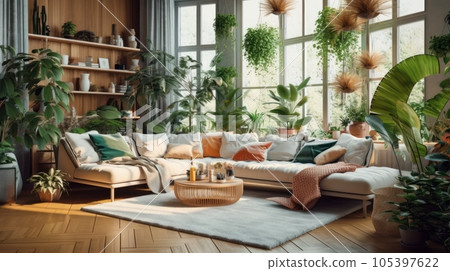 Cozy elegant boho style living room interior in natural colors. Comfortable couch with cushions and plaid, many houseplants, wooden coffee table, soft carpet, home decor. 3D rendering. Cozy elegant boho style living room interior in natural colors. Comfortable couch with cushions and plaid, many houseplants, wooden coffee table, soft carpet, home decor. 3D rendering. 105397622