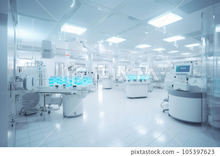 Contemporary drug production workshop interior. Spacy bright sterile room, facility with modern industrial machinery. Manufacturing process: pharmaceutics, semiconductors, biotechnology. 3D rendering. 105397623