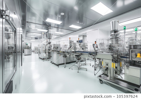 Contemporary drug production workshop interior. Spacy bright sterile room, facility with modern industrial machinery. Manufacturing process: pharmaceutics, semiconductors, biotechnology. 3D rendering. 105397624