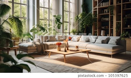 Cozy elegant boho style living room interior in natural colors. Comfortable couch with cushions and plaid, many houseplants, wooden coffee table, bookcase, soft carpet, home decor. 3D rendering. 105397625
