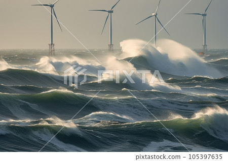 Offshore wind farm in the middle of a stormy north sea. Beautiful gloomy seascape with the wind generators. Sustainable green energy concept. 3D rendering. Offshore wind farm in the middle of a stormy north sea. Beautiful gloomy seascape with the wind generators. Sustainable green energy concept. 3D rendering. 105397635