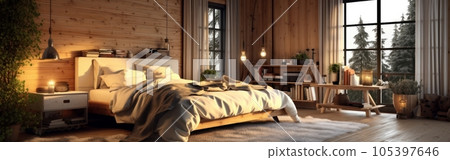Panoramic image of a country style wooden bedroom in a luxury cottage or hotel. Comfortable large bed, bedside table, bookcase, large window. Home decor, cozy interior. 3D rendering. 105397646