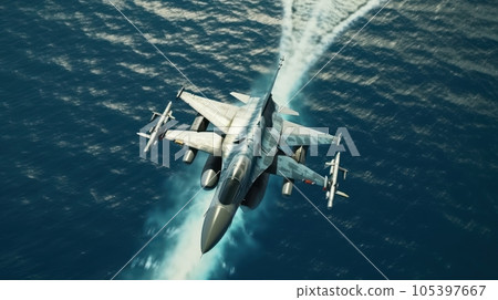 F-16 air force fighter flying over the sea at super low altitude. Jet military aircraft launching missiles, makes a training flight. Closeup top view. 3D rendering. F-16 air force fighter flying over the sea at super low altitude. Jet military aircraft launching missiles, makes a training flight. Closeup top view. 3D rendering. 105397667