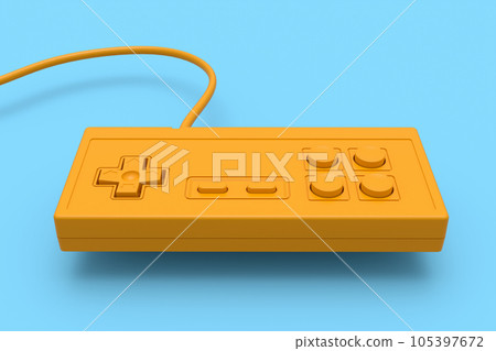 Retro computer gaming controller joystick on monochrome blue background. Retro computer gaming controller joystick on monochrome blue background. 105397672