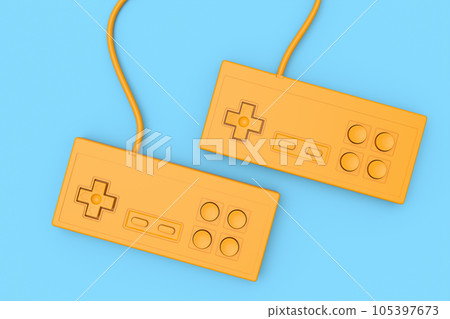 Retro computer gaming controller joystick on monochrome blue background. 105397673