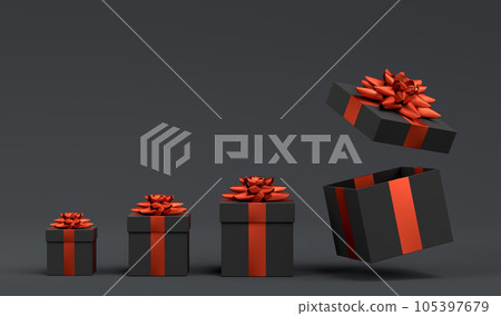 Gift boxes with ribbon and bow for Merry Christmas flying and falling on black Gift boxes with ribbon and bow for Merry Christmas flying and falling on black 105397679