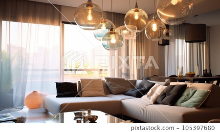 Several glass globe-shaped pendant lights above a sofa in a cozy living room. Elegant modern interior design with an emphasis on lighting. Mockup, 3D rendering. Several glass globe-shaped pendant lights above a sofa in a cozy living room. Elegant modern interior design with an emphasis on lighting. Mockup, 3D rendering. 105397680