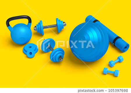 Isometric view of sport equipment like kettlebell, fitness ball and yoga mat Isometric view of sport equipment like kettlebell, fitness ball and yoga mat 105397698