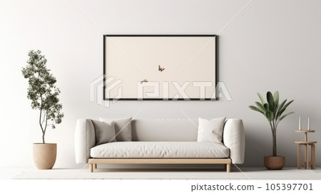 Front view of a modern luxury living room in light colors. White wall with poster template, comfortable sofa with cushions, coffee table, green plants in pots, home decor. Mockup, 3D rendering. Front view of a modern luxury living room in light colors. White wall with poster template, comfortable sofa with cushions, coffee table, green plants in pots, home decor. Mockup, 3D rendering. 105397701
