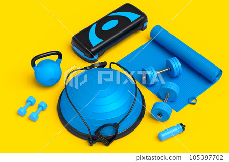 Isometric view of sport equipment like kettlebell, fitness ball and yoga mat 105397702