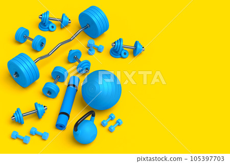 Isometric view of sport equipment like kettlebell, fitness ball and yoga mat Isometric view of sport equipment like kettlebell, fitness ball and yoga mat 105397703