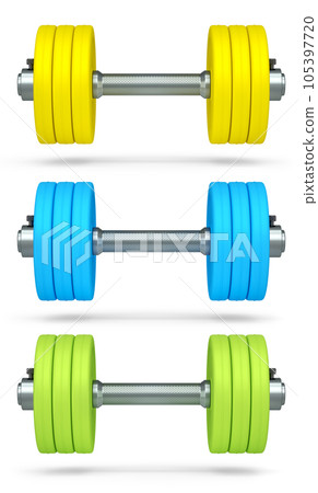 Set of dumbbells with rubber disks isolated on white background Set of dumbbells with rubber disks isolated on white background 105397720