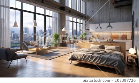 Luxury loft style studio apartment with a free layout in dark colors. Stylish modern kitchen, cozy bedroom area and living area, floor-to-ceiling window with stunning city view. 3D rendering. 105397726