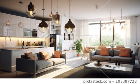 Several glass globe-shaped pendant lights above a sofa in a cozy living room. Elegant modern interior design with an emphasis on lighting. Mockup, 3D rendering. Several glass globe-shaped pendant lights above a sofa in a cozy living room. Elegant modern interior design with an emphasis on lighting. Mockup, 3D rendering. 105397728