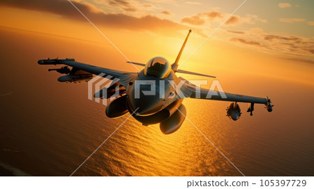 F-16 air force fighter flying over the ocean, beautiful sunset over horizon on the background. Jet military aircraft patrols territory, makes a training flight. Close up aerial view. 3D rendering. F-16 air force fighter flying over the ocean, beautiful sunset over horizon on the background. Jet military aircraft patrols territory, makes a training flight. Close up aerial view. 3D rendering. 105397729