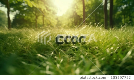 CO2 symbol on green grass in a forest. Lower carbon footprints to limit global warming and climate change. Sustainable development and business based on renewable energy. Reduce CO2 emission concept. CO2 symbol on green grass in a forest. Lower carbon footprints to limit global warming and climate change. Sustainable development and business based on renewable energy. Reduce CO2 emission concept. 105397732