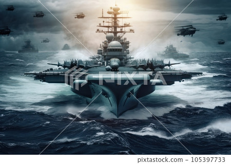 Front view of a military aircraft carrier with fighters ready to take off on the deck. Military helicopters in the sky, warships in the sea. The interaction of the navy and aviation. 3D rendering. Front view of a military aircraft carrier with fighters ready to take off on the deck. Military helicopters in the sky, warships in the sea. The interaction of the navy and aviation. 3D rendering. 105397733