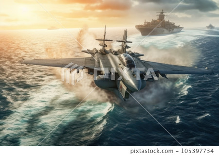 Front view of a military jet fighter taking off from the deck of an aircraft carrier. Cloudy sky over the sea horizon. The interaction of the navy and aviation, military maneuvers. 3D rendering. Front view of a military jet fighter taking off from the deck of an aircraft carrier. Cloudy sky over the sea horizon. The interaction of the navy and aviation, military maneuvers. 3D rendering. 105397734