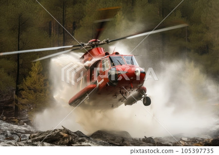 Rescue helicopter extinguishes a forest fire by dropping a large amount of water on a burning coniferous forest. Saving forests, fighting forest fires. Closeup front view. 3D rendering. Rescue helicopter extinguishes a forest fire by dropping a large amount of water on a burning coniferous forest. Saving forests, fighting forest fires. Closeup front view. 3D rendering. 105397735