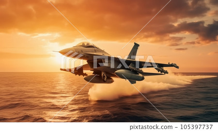 F-16 air force fighter flying over the ocean, beautiful sunset over horizon on the background. Jet military aircraft patrols territory, makes a training flight. Close up aerial view. 3D rendering. F-16 air force fighter flying over the ocean, beautiful sunset over horizon on the background. Jet military aircraft patrols territory, makes a training flight. Close up aerial view. 3D rendering. 105397737