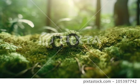 CO2 symbol on green grass in a forest. Lower carbon footprints to limit global warming and climate change. Sustainable development and business based on renewable energy. Reduce CO2 emission concept. 105397742