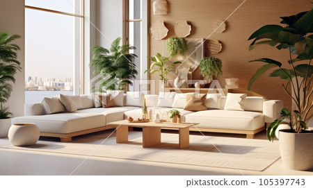 Cozy elegant boho style living room interior in natural colors. Comfortable couch with cushions, many houseplants, wooden coffee table, soft carpet, wall decor, panoramic windows. 3D rendering. Cozy elegant boho style living room interior in natural colors. Comfortable couch with cushions, many houseplants, wooden coffee table, soft carpet, wall decor, panoramic windows. 3D rendering. 105397743